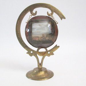 Vintage Married Brass Pieces Gong Stand With Art Glass Paperweight Window Scene